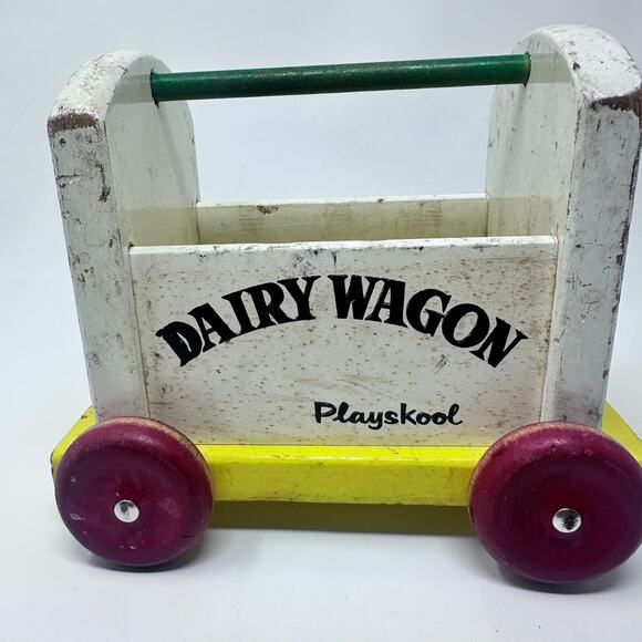VINTAGE PLAYSKOOL DAIRY WOOD MILK WAGON PULL TOY - Picture 4 of 9